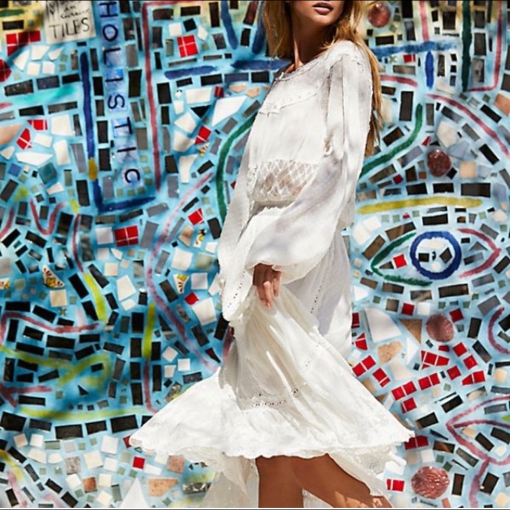 Free People Tina Mixed Lace Maxi Dress Long Sleeve